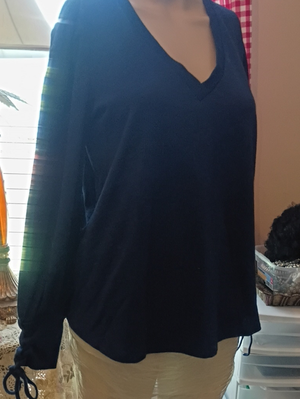 Jessica Howard Navy V-Neck Sweater with Tie Cuffs